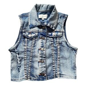 M. Michel Juniors Small Blue‎ Sleeveless Cropped Jean Jacket Distressed